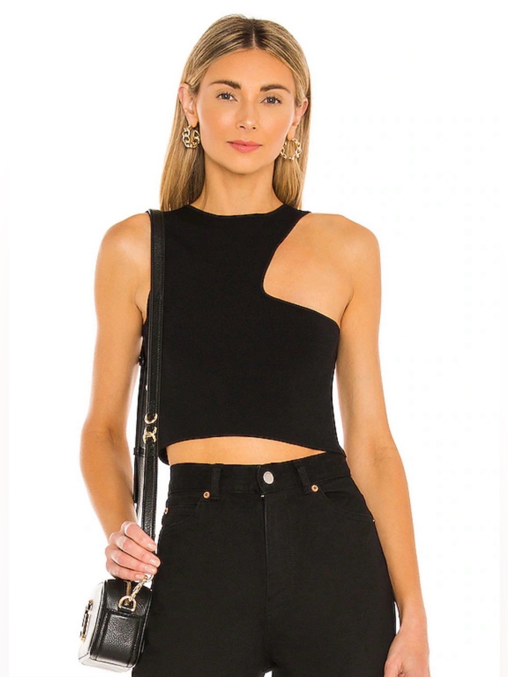 Superdown Black Ribbed Asymmetric Cutout Cropped Nora Top Size Large